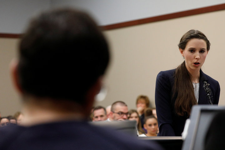 Victim Rachael Denhollander speaks at the sentencing hearing for Larry Nassar, a former team USA Gymnastics doctor who pleaded guilty in November 2017 to sexual assault charges, in Lansing